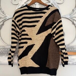 Pronto‎ Moda Vintage Women Abstract Geometric Striped Knit Sweater Brown Tan L